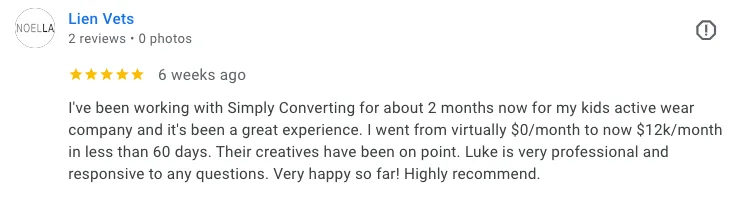 Google review from Lien Vets: I went from virtually $0 a month to $12k a month in less than 60 days.
